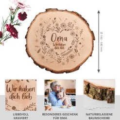 Baumscheibe mit Gravur - Blumenherz Oma