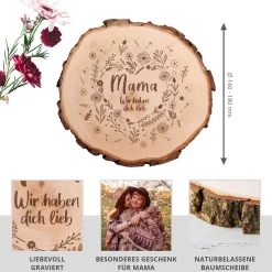 Baumscheibe mit Gravur - Blumenherz Mama