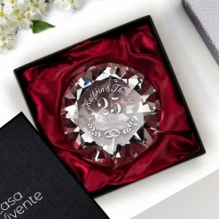 Diamant Kristall mit Gravur zur Silberhochzeit und Ring Displayständer Silber