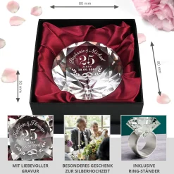 Diamant Kristall mit Gravur zur Silberhochzeit und Ring Displayständer Silber
