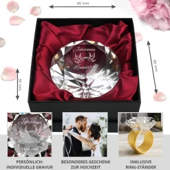 Diamant Kristall mit Liebestauben Gravur und Ring Displayständer