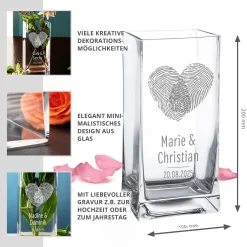 Eckige Vase mit Gravur - Fingerabdruck Herz