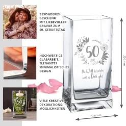 Eckige Vase mit Gravur - 50. Geburtstag