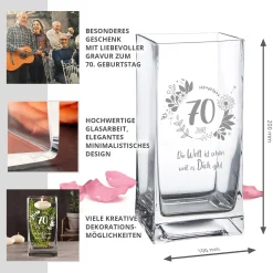 Eckige Vase mit Gravur - 70. Geburtstag