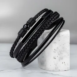 Geflochtenes Lederarmband mit Beads Schwarz - Herren Armband