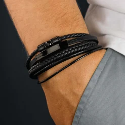 Geflochtenes Lederarmband mit Beads Schwarz - Herren Armband