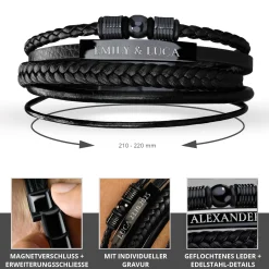 Geflochtenes Lederarmband mit Beads Schwarz - mit Gravur