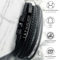 Geflochtenes Lederarmband mit Beads Schwarz - mit Gravur