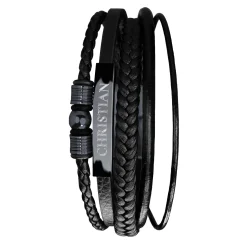 Geflochtenes Lederarmband mit Beads Schwarz - mit Gravur