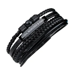 Geflochtenes Lederarmband mit Beads Schwarz - mit Gravur