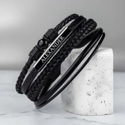 Geflochtenes Lederarmband mit Beads Schwarz - mit Gravur