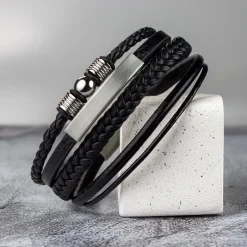 Geflochtenes Lederarmband mit Beads Silber - Herren Armband
