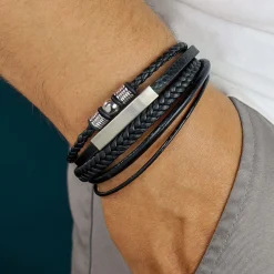 Geflochtenes Lederarmband mit Beads Silber - Herren Armband