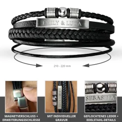 Geflochtenes Lederarmband mit Beads Silber - mit Gravur