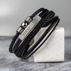 Geflochtenes Lederarmband mit Beads Silber - mit Gravur