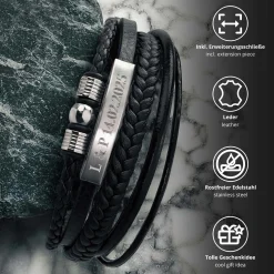 Geflochtenes Lederarmband mit Beads Silber - mit Gravur