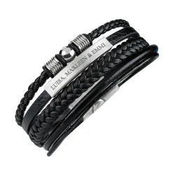 Geflochtenes Lederarmband mit Beads Silber - mit Gravur