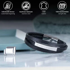 Gewickeltes Lederarmband schwarz - Geokoordinaten