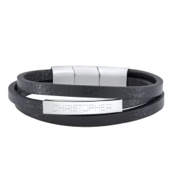 Gewickeltes Lederarmband schwarz - Name