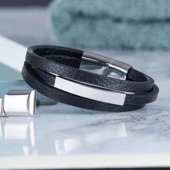 Gewickeltes Lederarmband - Schwarz