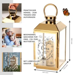 Gold Laterne mit Gravur - Blumenherz Oma