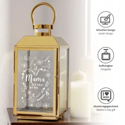 Gold Laterne mit Gravur - Blumenherz für Mama