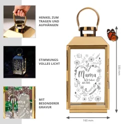 Gold Laterne mit Gravur - Blumenherz für Mama