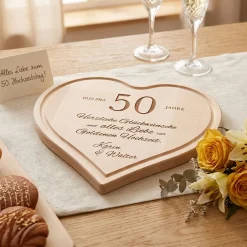 Graviertes Holzherz zur Goldenen Hochzeit