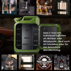 Grüne Kanisterbar mit 2 Whiskygläsern mit Gravur - Totenkopf