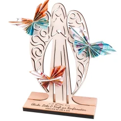 Großer Geldengel aus Holz mit Gravur zur Konfirmation