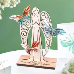 Großer Geldengel aus Holz mit Gravur zur Konfirmation