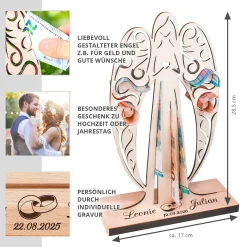 Großer Geldengel aus Holz mit Gravur zur Hochzeit - Ringe