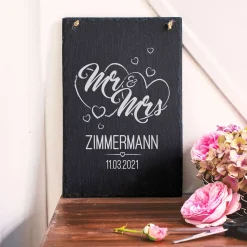 Große Schiefertafel mit Gravur - Mr and Mrs