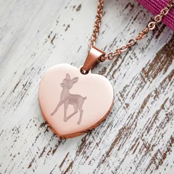 Herzanhänger Rosegold graviert mit Kette - Reh mit Name