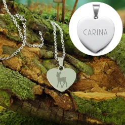 Herzanhänger Silber graviert mit Kette - Reh mit Name