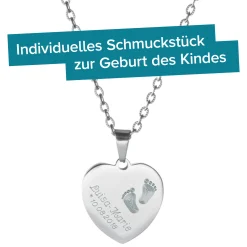 Herzanhänger Silber graviert mit Kette - Babyfüße