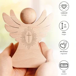 Holzengel mit Gravur - Kreuz