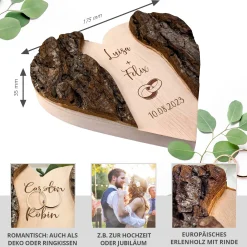 Holzherz mit Rinde zur Hochzeit - Ringe