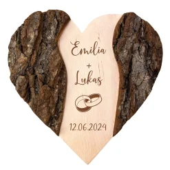 Holzherz mit Rinde zur Hochzeit - Ringe