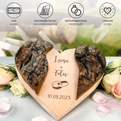 Holzherz mit Rinde zur Hochzeit - Ringe