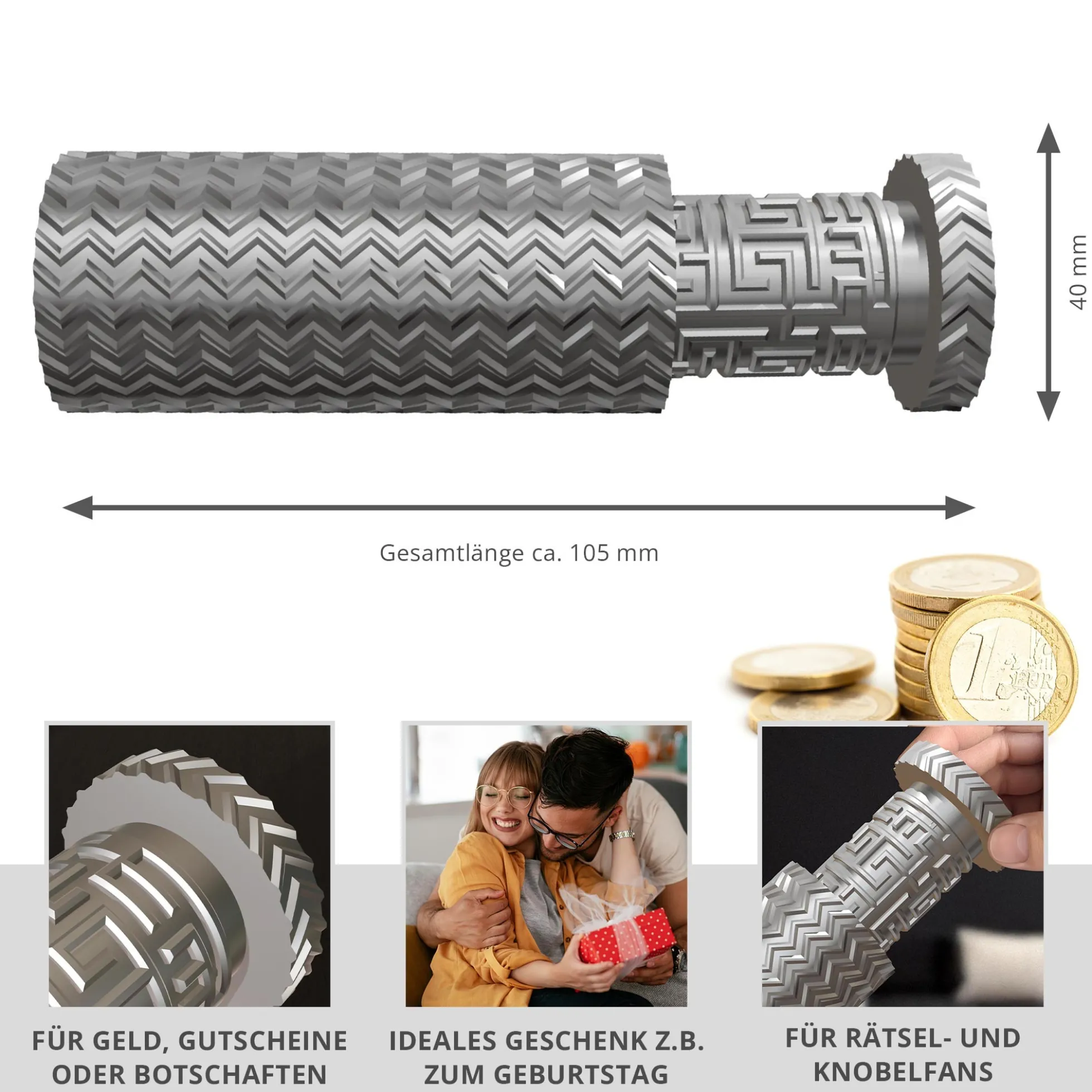 Labyrinthbox Röhre – Kniffelige Geschenkverpackung für Geld & Gutscheine - Silber