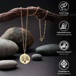 Personalisierte Kette Gold mit 2 Anhängern - Lebensbaum