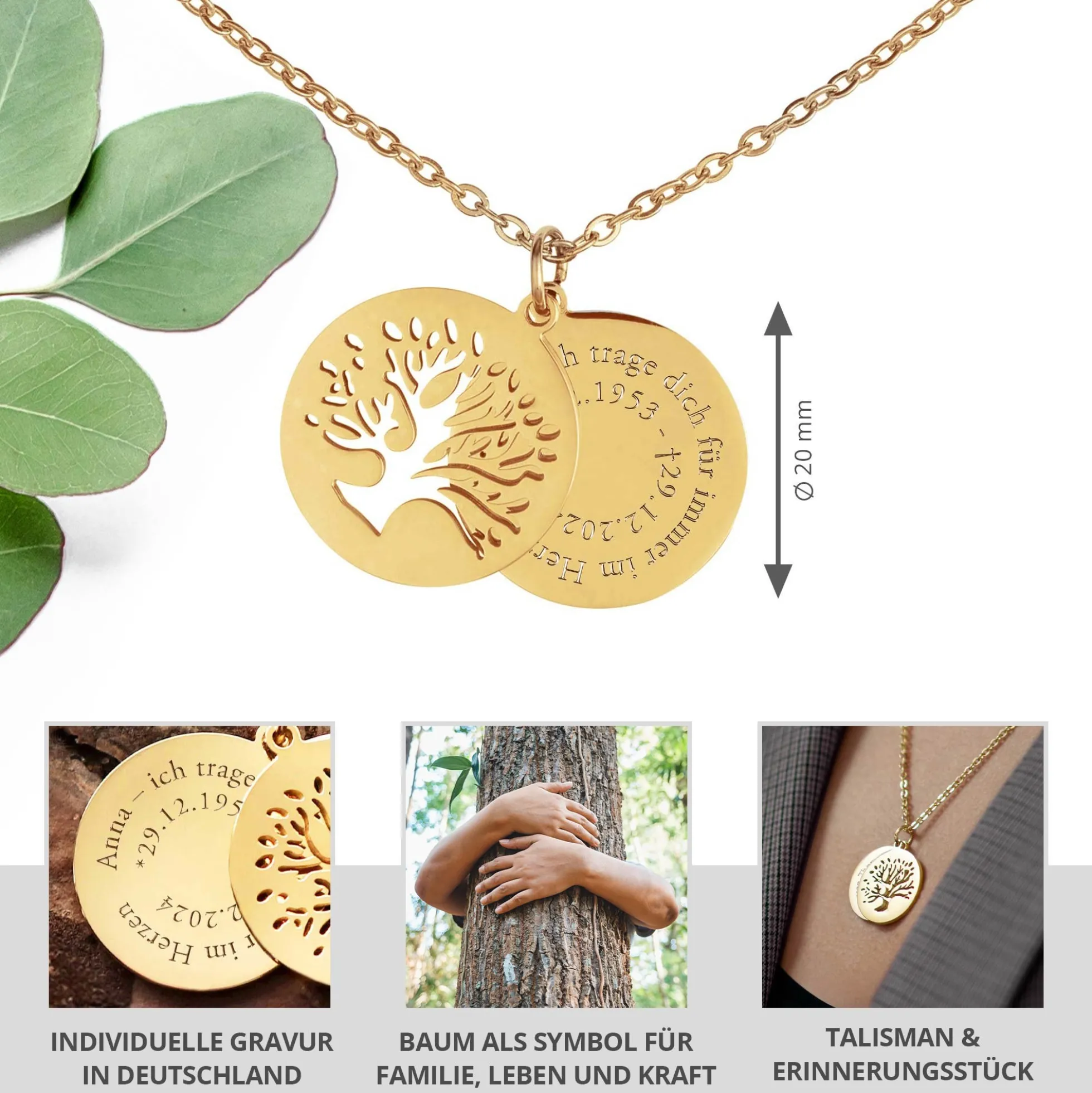 Personalisierte Kette Gold mit 2 Anhängern - Lebensbaum