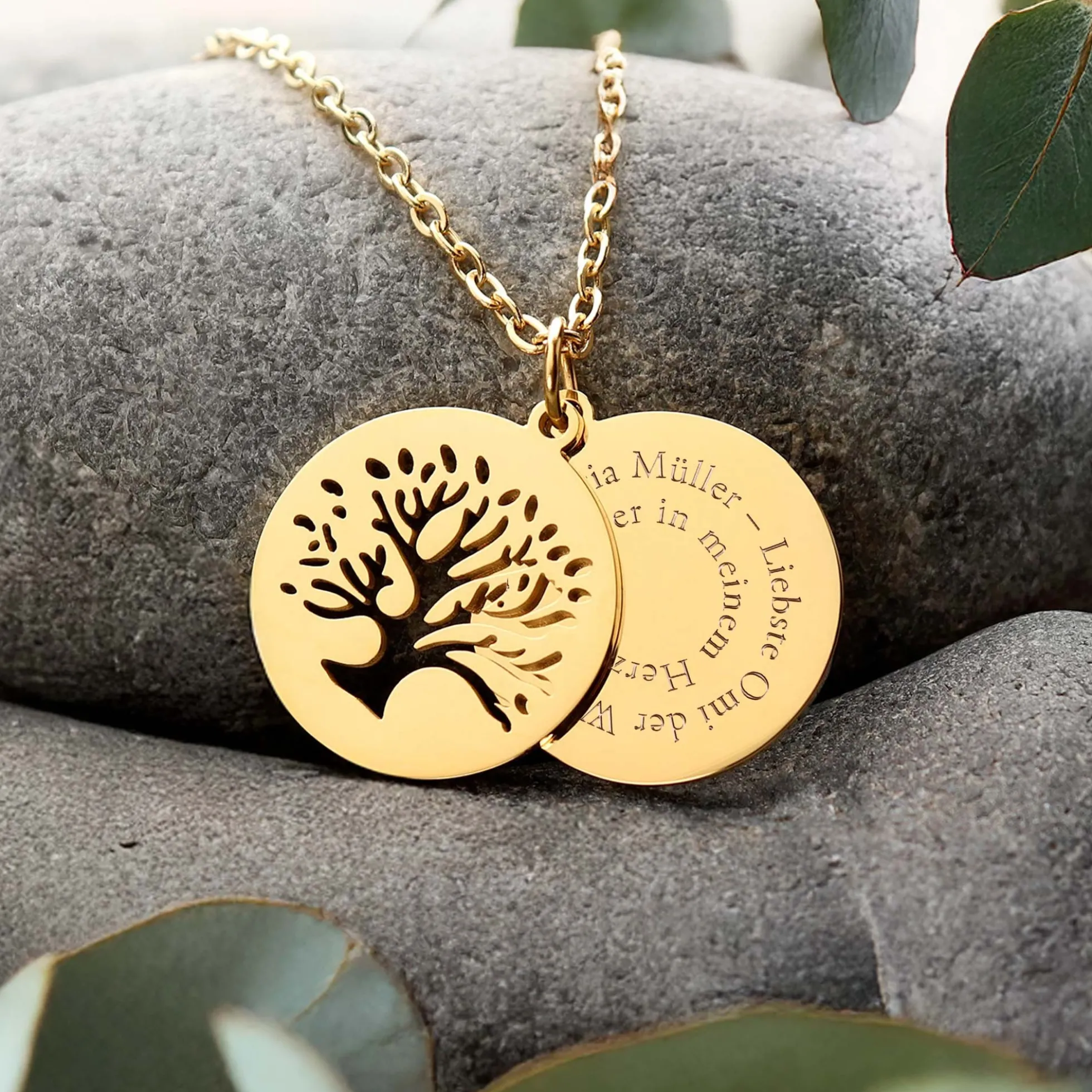 Personalisierte Kette Gold mit 2 Anhängern - Lebensbaum