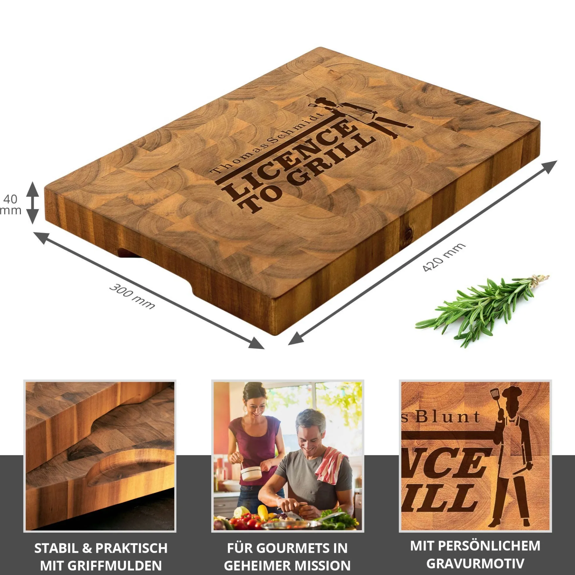 Premium Stirnholz Schneideblock Akazie mit Licence to Grill Gravur