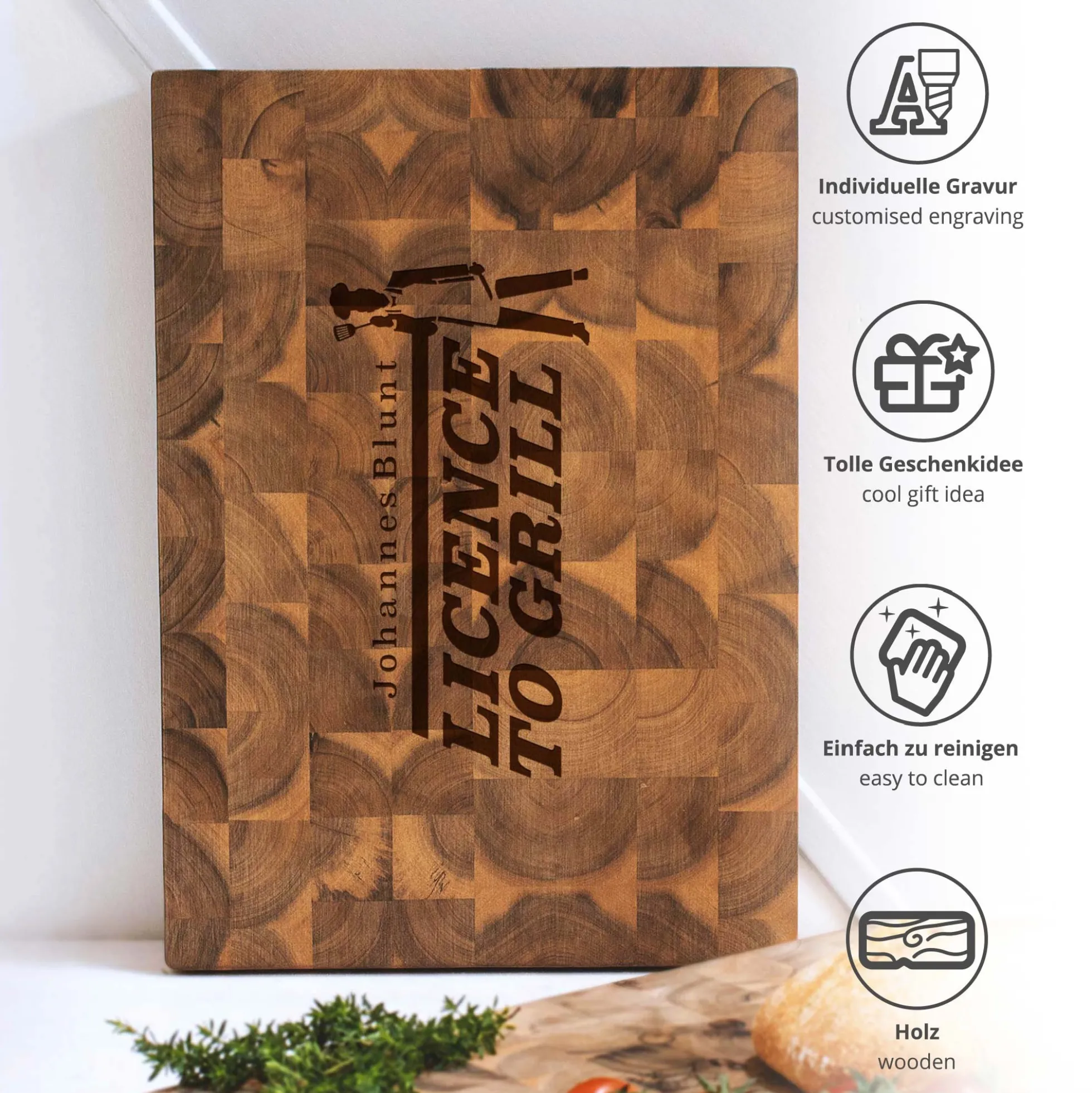 Premium Stirnholz Schneideblock Akazie mit Licence to Grill Gravur