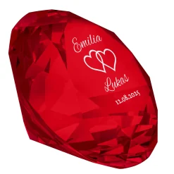 Roter Diamant Kristall mit Gravur - Herzen