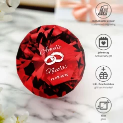 Roter Diamant Kristall mit Gravur zur Hochzeit - Ringe