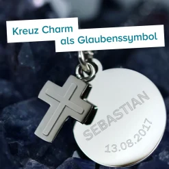 Runder Kettenanhänger mit Kreuz Silber - Name und Datum
