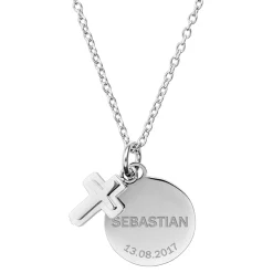 Runder Kettenanhänger mit Kreuz Silber - Name und Datum